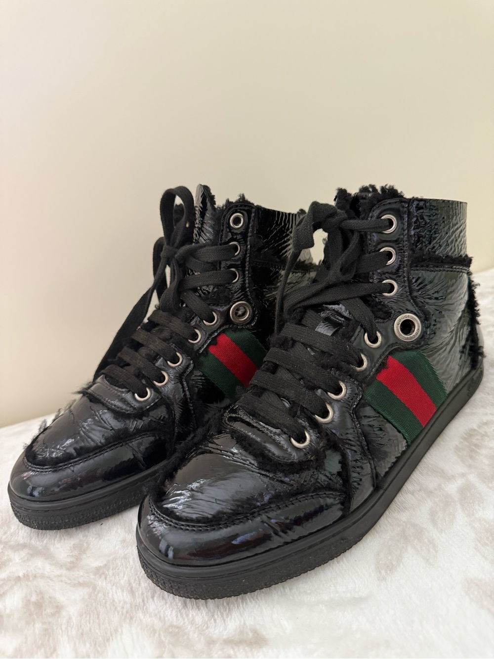 Gucci Black Patent Leather High-Top Shearling-Lined Lace Up Web Sneakers